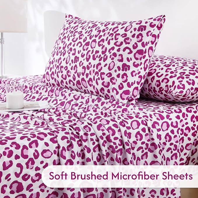 Twin Sheets Set, Leopard 3-Piece Brushed Microfiber Sheets, Cooling Bed Sheet Set, Soft & Breathable, 16' Deep Pocket Fitted Sheet & Pillowcase Set, Pink Leopard