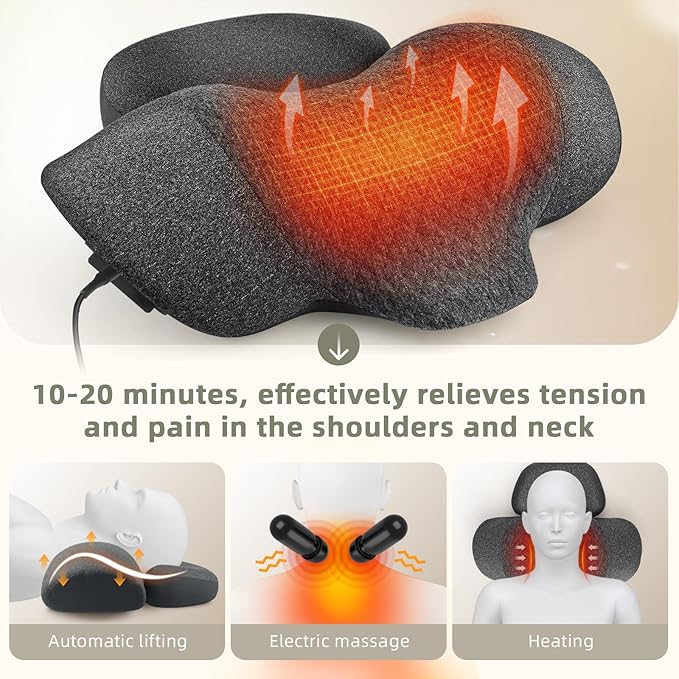 3-in-1 Neck Massager Pillow with Heat, Vibration and Cervical Traction, Ergonomic Neck Support Aid and Neck Support Pillow for Pain Relief, Deep Tissue Neck and Shoulder Massager