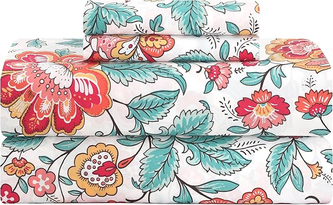 Feather & Stitch Softest 100% Cotton Sheets, 300 Thread Count Percale Weave Bedding, 16" Deep Pocket, Cooling Sheets, Breathable Bed Set, Hotel Premium Quality (Twin, Vintage Garden)