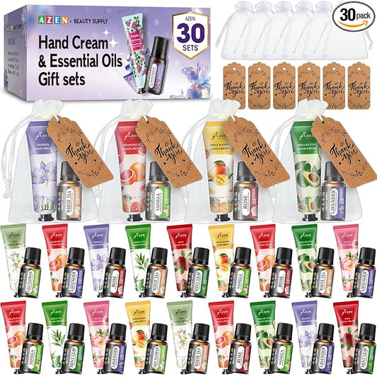 AZEN 30 Sets Bulk Gifts, Hand Cream and Essential Oils Bulk Set with Organza Bag Thank You Card, Baby Shower Wedding Gift for Guests, Bridal Wedding Favors, Mothers Day Gifts Stocking Stuffers