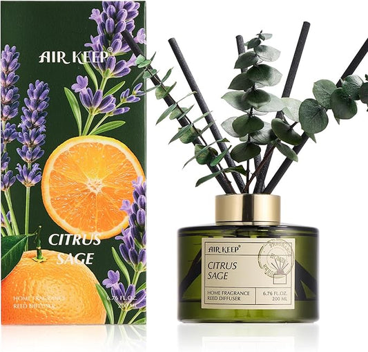Airkeep Reed Diffuser Set with 6.76 fl oz Citrus&Sage Scent Essential Oils and 3 Leaves & 8 Diffuser Sticks,Bathroom Shelf Decor & Air Freshener, House Bedroom Office Decor & Gifts