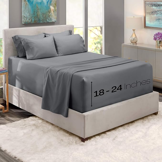 Hearth & Harbor Luxury Soft 6 Piece Bed Sheet Set Extra Deep Pocket Fitted Sheets Fits Mattress up to 21", Double Brushed Bedding Sheets & Pillowcases, Twin XL, Frost Gray