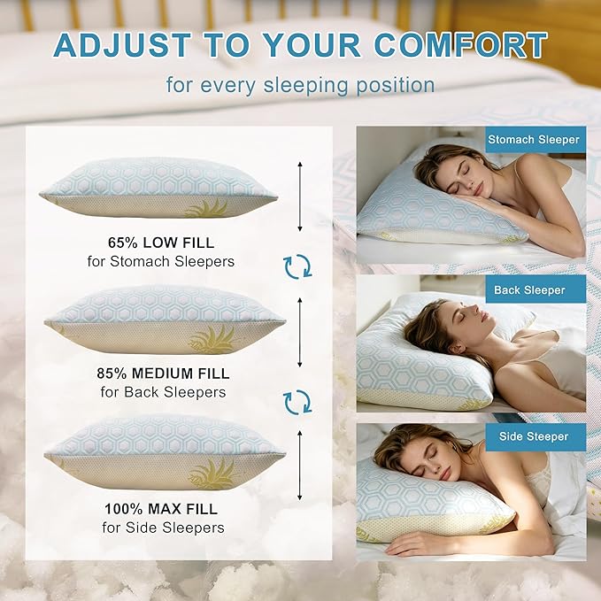 Memory Foam Pillows Standard Size Set of 2 Viscose from Bamboo Cooling Pillows for Hot Sleepers Adjustable Cool Pillow for Side Back Stomach Sleepers with Removable Washable Cover, 20"*26"