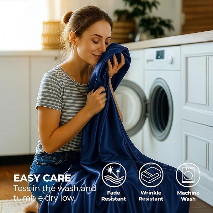 Pure Bedding Satin Sheets King [4-Piece, Navy] Hotel Luxury Silky Bed Sheets Extra Soft 1800 Microfiber Sheet Set, Wrinkle, Fade, Stain Resistant - Deep Pocket Fitted Sheet, Flat Sheet, Pillow Cases
