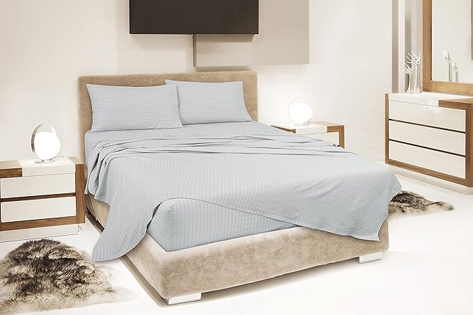 ROYALE LINENS 3 Piece Twin Sheets Set - Soft Brushed 1800 Microfiber Bedding - 1 Fitted, 1 Flat Sheet, 1 Pillow case - Wrinkle Free & Fade Resistant - Hotel Luxury Bed Sheets (Stripe Silver, Twin)