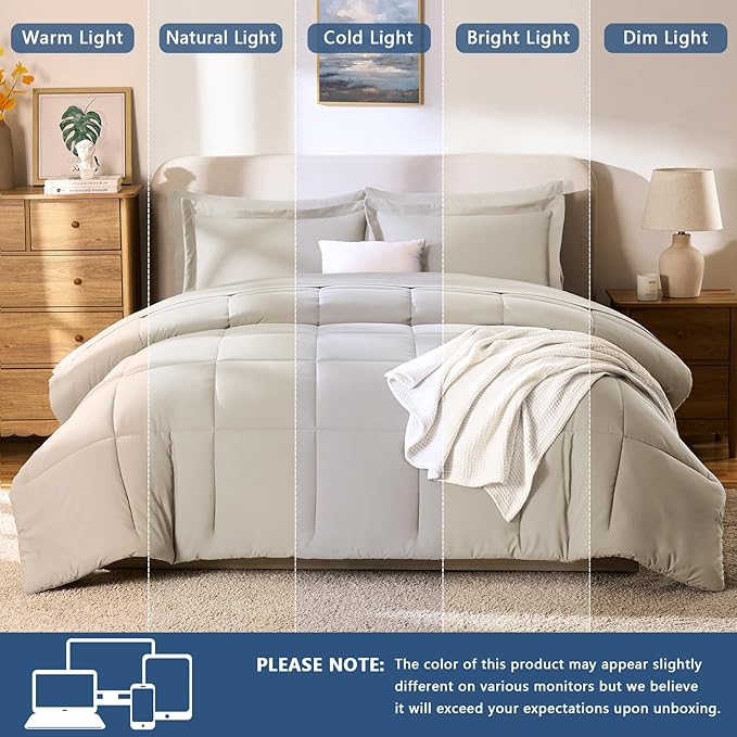 CozyLux Oversized King Comforter Sets Beige, 7 Pieces Bed in a Bag, 120x98 Box Stitched Design Bedding Set, All Season Soft Bed Set with Down Alternative Comforter, Sheets, Pillowcases & Shams
