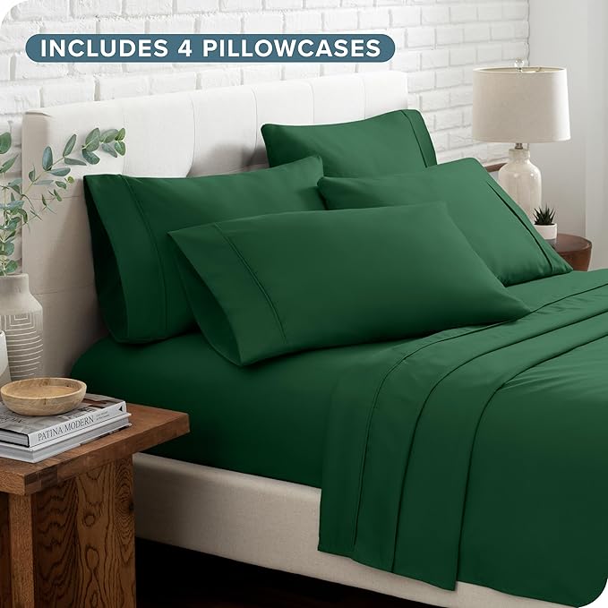 Bare Home Hotel Luxury Split King Sheet Set, Extra Soft, Deep Pockets, Easy Fit, Cooling & Breathable, Wrinkle, Fade, Stain Resistant, Includes 4 Pillowcases (Split King, Forest Green)