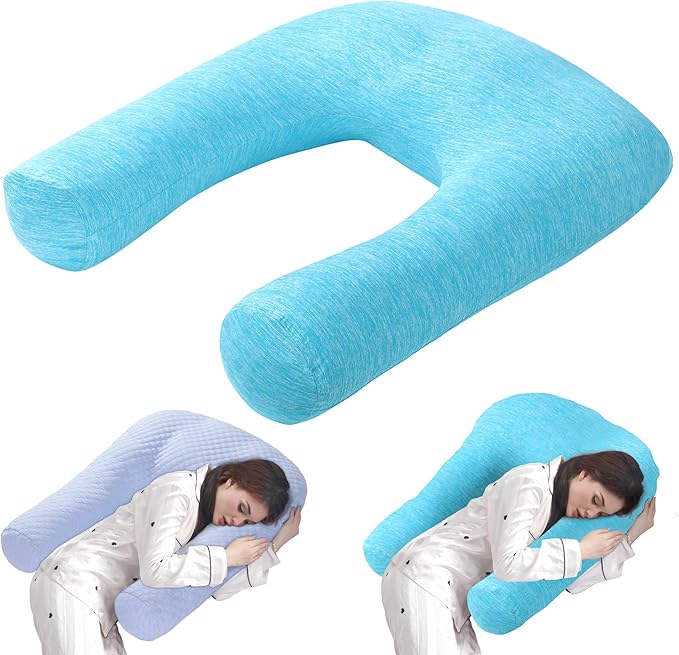 HOMBYS Cooling U Shaped Pillow for Neck, Contour Shoulder Pillow for Side Sleepers, Ergonomic Body Pillows for Adults, Hug Pillow with Washable Cover for Back, Shoulder Pressure Reduce (Light Blue)