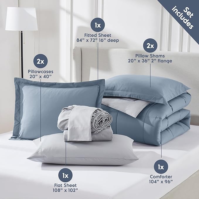 Nestl 9 Piece California King Comforter Set – Stone Blue Reversible Bed in a Bag – Complete Cal King Size Bedding Set with Sheets, Set of 2 Cooling Pillows, Pillowcases and Shams