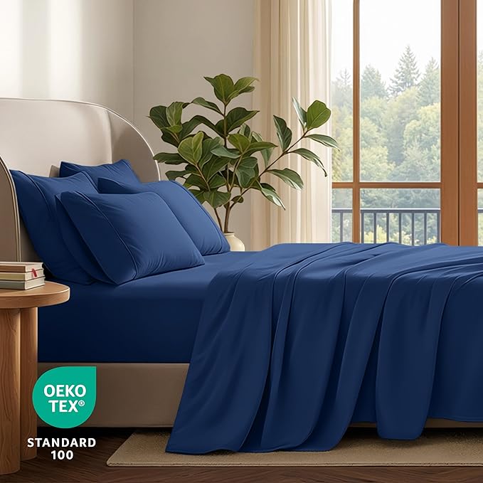 Bare Home Hotel Luxury Full Sheet Set, Extra Soft - 6 Piece Set - Deep Pockets - Easy Fit - Cooling & Breathable - Wrinkle, Fade, Stain Resistant - Includes 4 Pillowcases (Full, Dark Blue)