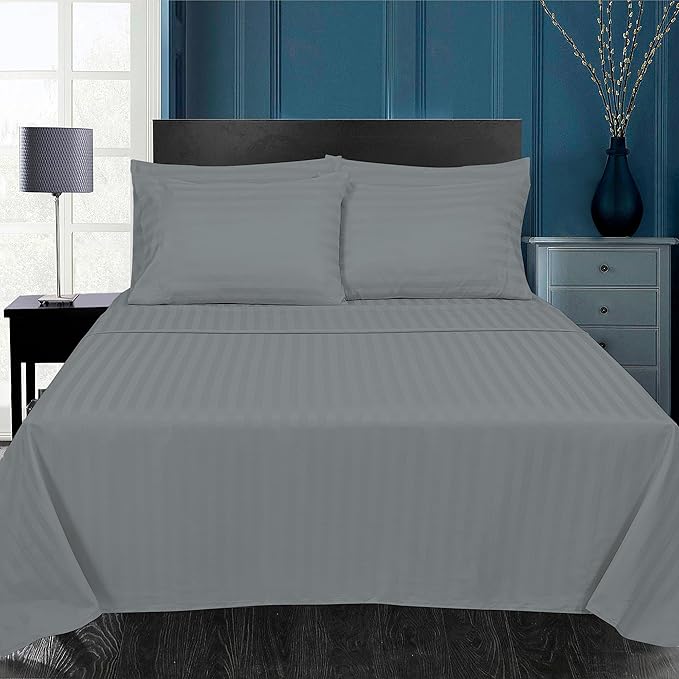 ROYALE LINENS 1500 Thread Count Sateen Dobby Stripe Poly/Cotton Sheet Set - 6 Piece California King Bed Sheets - 1 Fitted, 1 Flat, 4 Pillow Cases -Soft Cool & Crisp Sheet Set (Cal King, Monument)