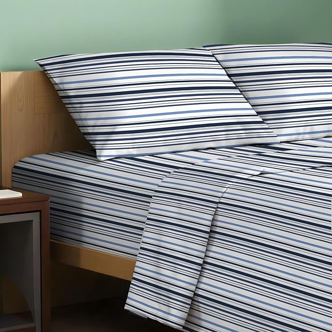 TEXAS LINEN CO. 100% Organic Cotton Printed Sheets Twin Size - 3 PC Organic Cotton Percale Sheets Twin Set (Variegated Stripe), Cooling Sheet for Dorm Room, 16" Deep Pocket - GOTS Certified