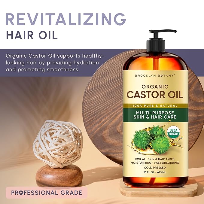 Brooklyn Botany Cold-Pressed Organic Castor Oil | for Hair, Skin and Face | 16 Fl Oz | 100% Pure and Natural | Carrier Oil for Essential Oils, Aromatherapy and Massage | Hexane Free
