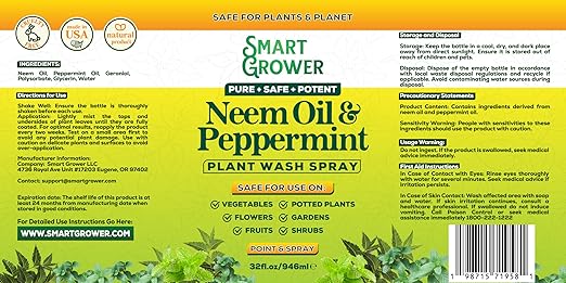 Neem Oil Spray for Plants with Peppermint Oil, Natural Plant Wash Made for Indoor Household Plants Smart Grower 32oz Easy Ready to Use Spray