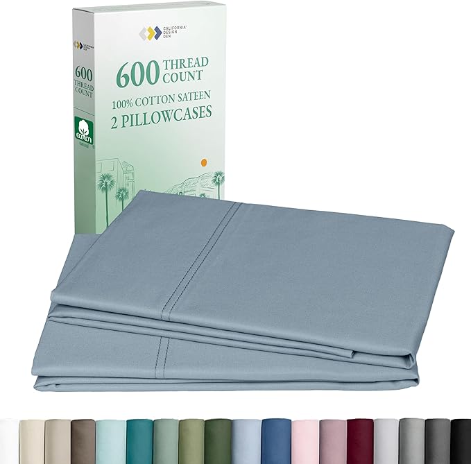 Luxuriously Soft Premium 600 Thread Count, 100% Cotton Set of 2 Cases, Crisp Standard Pillow Cases Set of 2 Fits Standard & Queen Pillows (Pastel Blue)