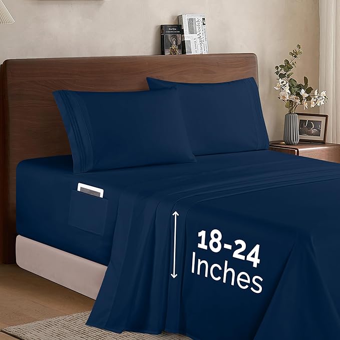 Elegant Comfort Luxury 1500 Premium Hotel Quality Microfiber 4-Piece Sheet Set - Soft, All Around Elastic 18-24 Inches Deep Fitted Sheet - Extra Deep Pocket Sheets, California King, Navy Blue