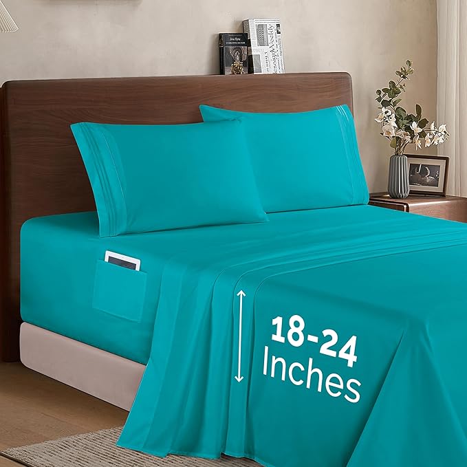Elegant Comfort Luxury 1500 Premium Hotel Quality Microfiber 4-Piece Sheet Set - Soft, All Around Elastic 18-24 Inches Deep Fitted Sheet - Extra Deep Pocket Sheets, Full, Turquoise