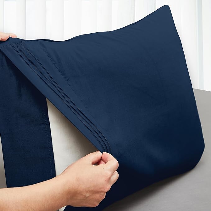 Mocassi 2-Piece Premium Standard/Queen Pillowcase Set 1800 Series Hotel Quality Microfiber - Soft and Breathable with 3-Line Embroidery Wrinkle and Stain Resistant, Easy Care, 20" x 30", Navy Blue