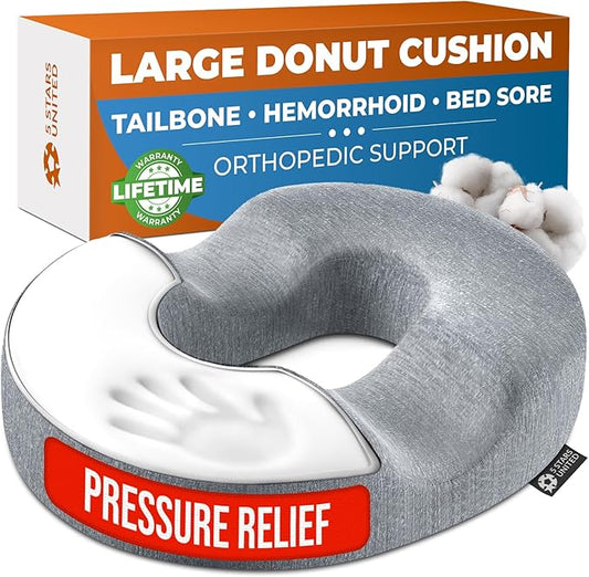 5 STARS UNITED Donut Pillow Hemorrhoid Tailbone Cushion – Large Floor Cushion for Pain Relief – Coccyx, Prostate, Sciatica, Pelvic Floor, Pressure Sores, Pregnancy, Postpartum Recovery, Gray