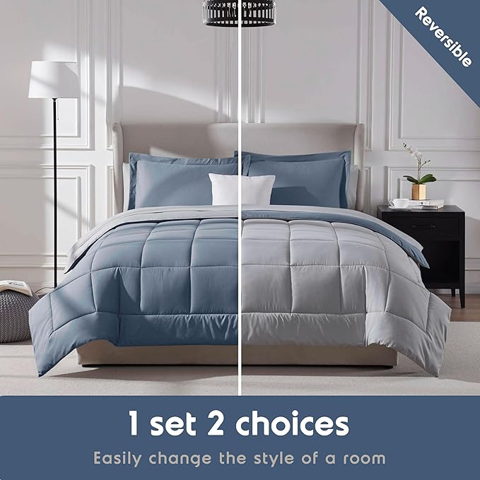 Nestl 9 Piece California King Comforter Set – Stone Blue Reversible Bed in a Bag – Complete Cal King Size Bedding Set with Sheets, Set of 2 Cooling Pillows, Pillowcases and Shams