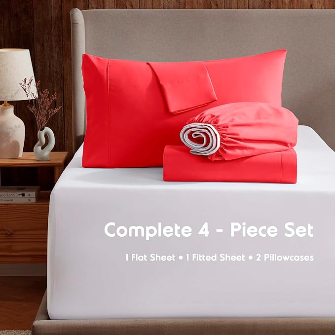 Nestl Extra Deep Twin XL Sheet Set - 4 Piece Breathable & Cooling Sheets - Hotel Luxury Bedding Set w/18-24 Inch Deep Pockets - Easy & Secure Fit - Super Soft, Wrinkle Free & Comfy - Red