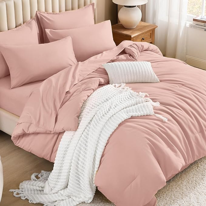 Litanika Comforter Full Size Set Blush Pink - 7 Pieces Bed in a Bag Full Bedding Comforter Sets, Plain Lightweight Bed Set with Comforter, Sheets, Pillowcases & Shams