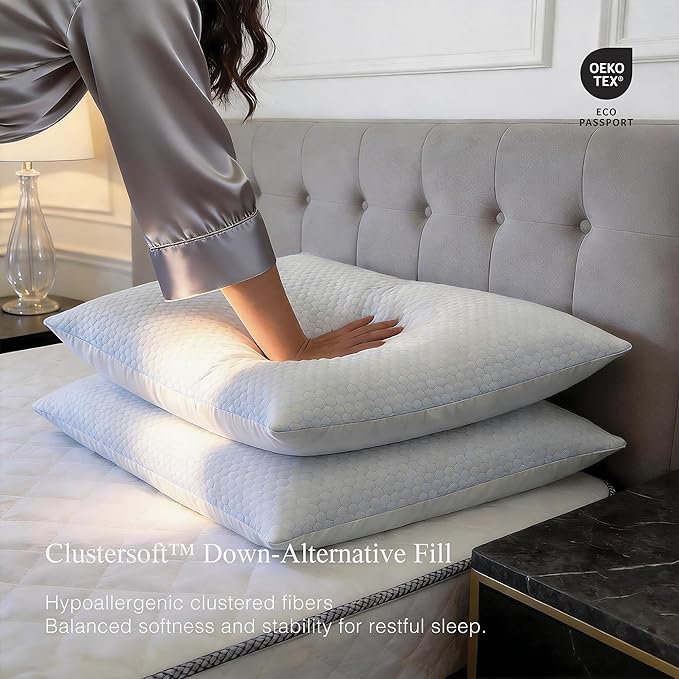 Blue Ridge Home Fashions Luxury Hotel Quality Cooling Pillows King Size Set of 2, Soft Medium 500 Thread Count Damask Stripe Embroidered 100% Cotton Cover, Down Alternative