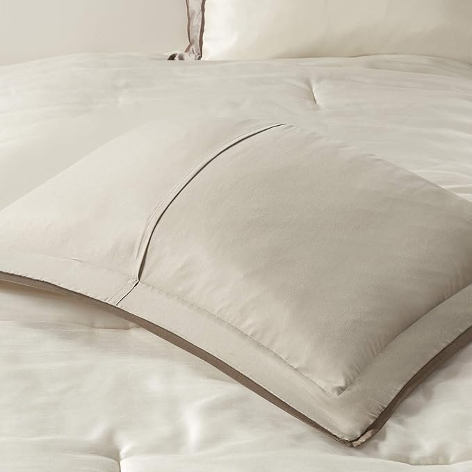 Madison Park Cozy Comforter Set-Deluxe Hotel Collection, All Season Down Alternative Luxury Bedding with Matching Shams, Decorative Pillows, California King (104"x92"), Genevieve, Taupe/Brown 7 Piece