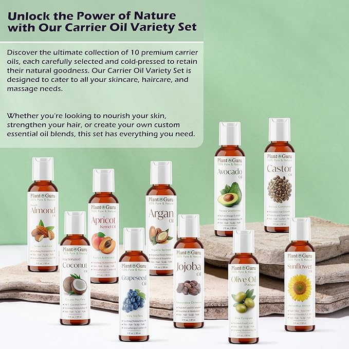 Top 10 Carrier Oil Variety Set 2 oz - Cold Pressed 100% Pure Natural, Sweet Almond, Apricot Kernel, Argan, Avocado, Castor, Fractionated Coconut, Grapeseed, Jojoba, Olive and Sunflower.