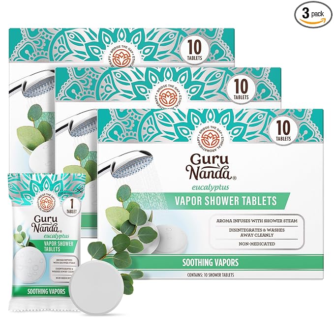 GuruNanda Eucalyptus Vapor Shower Tablets, Clean-Dissolving Aromatherapy Shower Steamers with Eucalyptus & Menthol, Promotes Relaxation, Ideal for Gifting, 30 Count