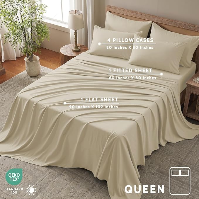 Queen Sheet Set - 6 Piece Sheets Queen Size Bed Set - Breathable & Cooling Hotel Luxury Bedding Set - Soft & Comfy Fully Elasticized 16" Deep Pocket Queen Sheets (Queen Beige)