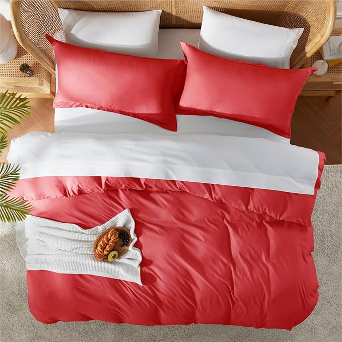 Nestl Twin Duvet Cover Set with Comforter Insert - Red 3 Piece 68x90 Duvet Cover & 1 Pillow Sham with White Quilted Down Alternative Comforter, Ultra Soft, All Season