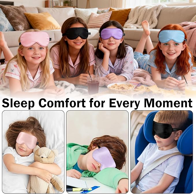 Silk Sleep Eye Mask for Kids, 100% Real Natural Pure Silk Sleeping Masks, Blindfold Sleep Eye Cover with Adjustable Strap, Soft & Lightweight Night Eyeshade for Boys Girls Teens (Black)