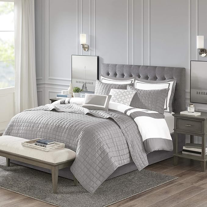 Madison Park Heritage Comforter Quilt Combo Set - Modern Luxury Design, All Season Down Alternative Bedding, Matching Shams, Decorative Pillows, Full/Queen(90"x90"), Color Block Grey 8 Piece