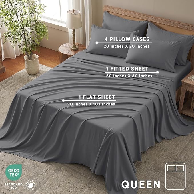 Queen Sheet Set - 6 Piece Sheets Queen Size Bed Set - Breathable & Cooling Hotel Luxury Bedding Set - Soft & Comfy Fully Elasticized 16" Deep Pocket Queen Sheets (Queen Dark Grey)
