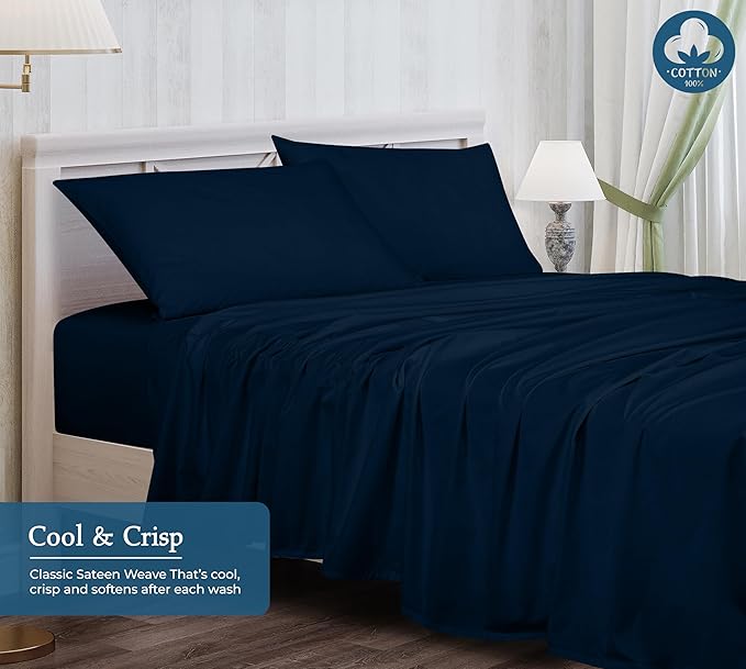 ROYALE LINENS 400 Thread Count 100% American Grown Cotton 4 Piece Sateen King Sheet Set - 1 Fitted Sheet, 1 Flat Sheet, 2 Pillow case - Navy King Bedsheet - Cotton Sheets - (King, Rivera Navy)