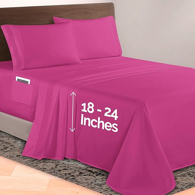 Elegant Comfort Luxurious 1500 Premium Hotel Quality Microfiber 4-Piece Sheet Set, 18-24 Inches Deep - Extra Deep Pocket Sheets - Ultra Soft 4PC Deep Pocket Sheets, Twin/Twin XL, Hot Pink