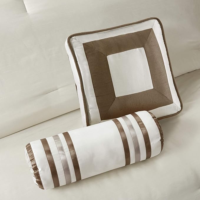 Madison Park Cozy Comforter Set-Deluxe Hotel Collection, All Season Down Alternative Luxury Bedding with Matching Shams, Decorative Pillows, California King (104"x92"), Genevieve, Taupe/Brown 7 Piece
