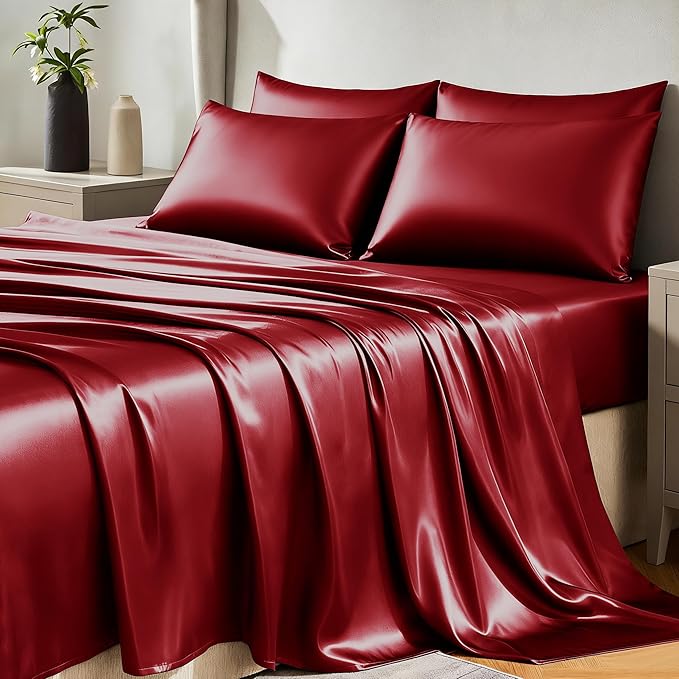 CozyLux Satin Sheets King Size Sheet Set - 6 Piece Silky King Sheets, Luxury Burgundy King Bed Set with Smooth and Soft Microfiber, Includes 1 Fitted Sheet, 1 Flat Sheet and 4 Pillowcases