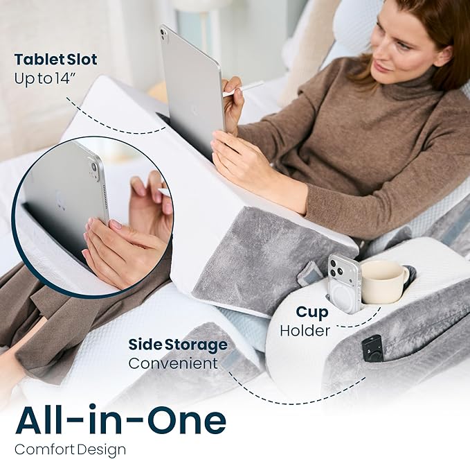 TabCouchCaddy 8-Piece Orthopedic Wedge Pillow Set for Sleeping, Post-Surgery Recovery, Back & Leg Pain Relief, Acid Reflux & GERD Support with Tablet & Cup Holder (Furry)