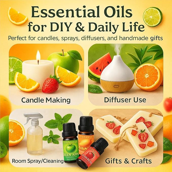 Fruity Essential Oils Set-6 x 10ml-Green Apple,Watermelon,Strawberry,Pineapple,Blood Orange,Mango,Sweet Aromatherapy Oils for Diffuser,Humidifier,Candle & Soap Making