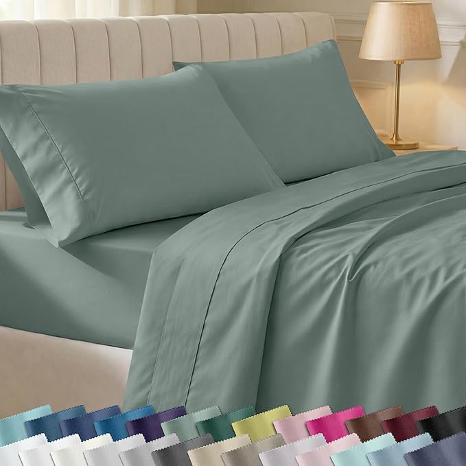 California Design Den Soft 100% Cotton Bed Sheets Split King Set, 400 TC Good Housekeeping Award Winner, Silky Sateen Weave with Deep Pockets, Long Staple Cotton Split King Bed Sheet Set - Sage Green