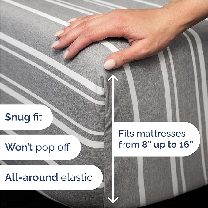 Split King Size 5 Piece Sheet Set - Comfy Breathable & Cooling Sheets - Hotel Luxury Bed Sheets for Women & Men - Deep Pockets, Easy-Fit, Soft & Wrinkle Free Sheets - Grey Stripes Oeko-Tex Bed Sheets