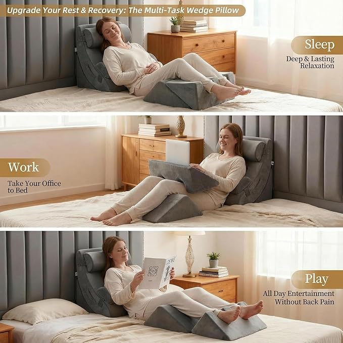 Axelrod 6PCS Orthopedic Bed Wedge Pillow Set, Post Surgery Foam for Back, Neck and Leg Pain Relief Comfortable & Adjustable Pillows- Anti Snoring, Heartburn, Acid Reflux & GERD Sleeping Grey