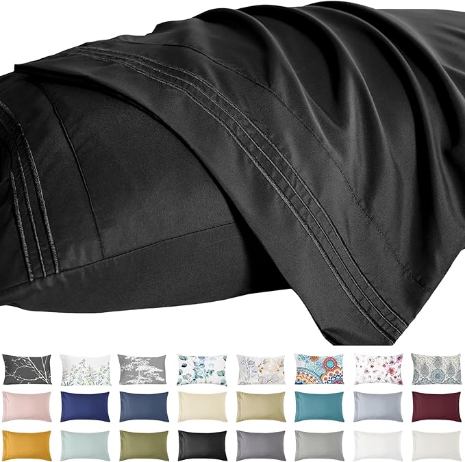 YIYEA Standard Pillow Cases Set of 2, Ultra Soft Double Brushed Microfiber Pillowcases Standard, Hotel Quality Embroidered Bed Pillow Covers, Fade Resistant, Easy Slip-On (20"x26", Black)