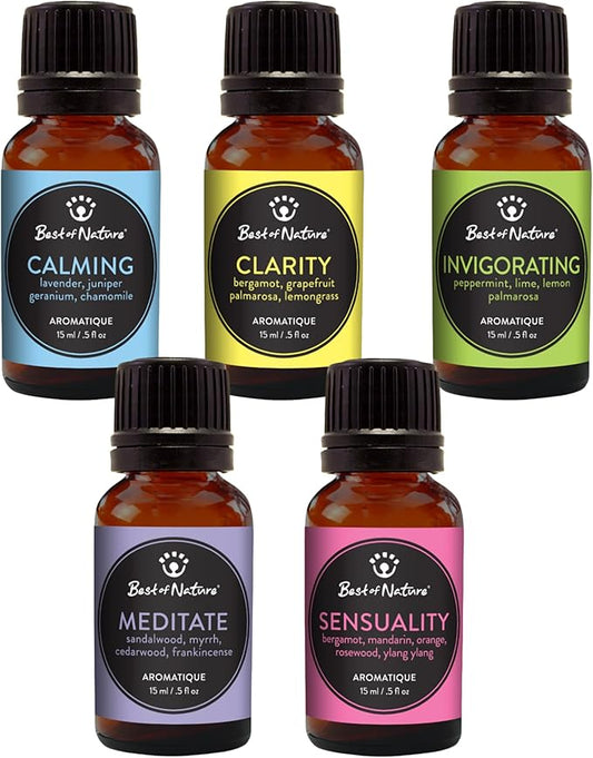 Best of Nature Essential Oil Blend Set – Calming, Clarity, Invigorating, Meditate & Sensuality – 100% Pure for Diffuser, Mood, Focus & Relaxation – Gift or Daily Use