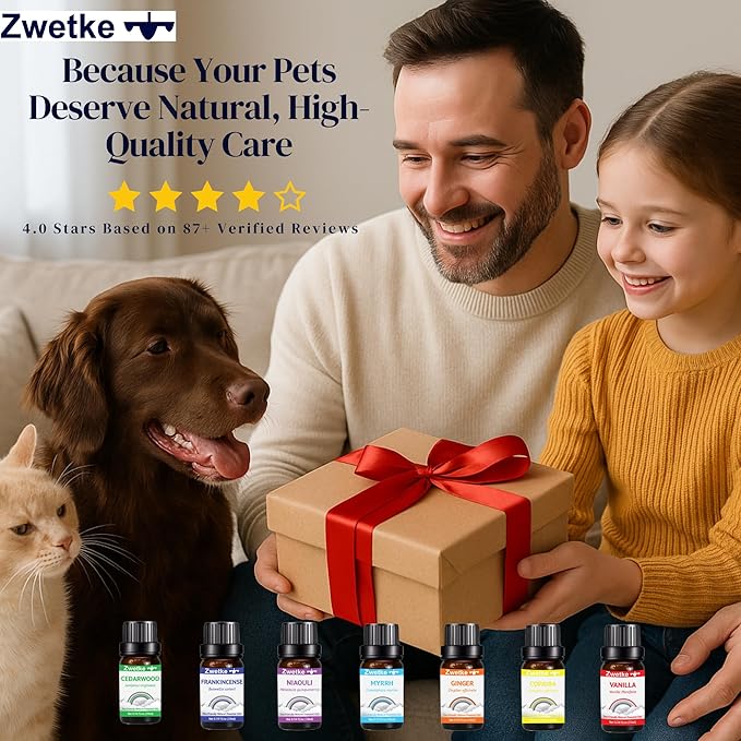 Premium Pet-Friendly Essential Aromatherapy Oils Gift Set – 7 Natural Scents: Vanilla, Ginger, Cedarwood, Copaiba, Myrrh, Frankincense, Niaouli – Safe for Dogs, Cats & Family – Relaxation & Diffuser