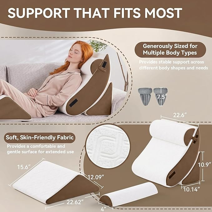 5PCS Wedge Pillow Set for After Surgery,Bed Orthopedic Pillow for Sleeping, Memory Foam Back Pillow for Pain Relief and Acid Reflux, Adjustable Sitting Up for Bed Post Surgery Pillow Brown