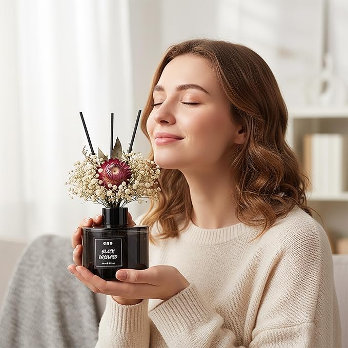 Reed Diffuser Set with Dried Flowers, 5.1oz Essential Oil Home Fragrance, Long Lasting Air Freshener for Bathroom Shelf Decor, Housewarming Gift,Black Orchid Scent