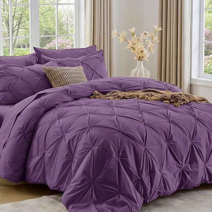 Sasttie Full Size Comforter Set, 7-Piece Bed in a Bag Double, Pintuck Bedding Set for All Season, Includes Comforter, Flat Sheet, Fitted Sheet, Pillowcases and Pillowshams, Grape Purple